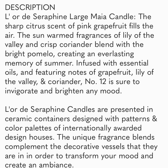 L’OR DE SERAPHINE NO. 12 MAIA SCENTED CANDLE LARGE ( CORIANDER & GRAPEFRUIT) - Picture 5 of 8